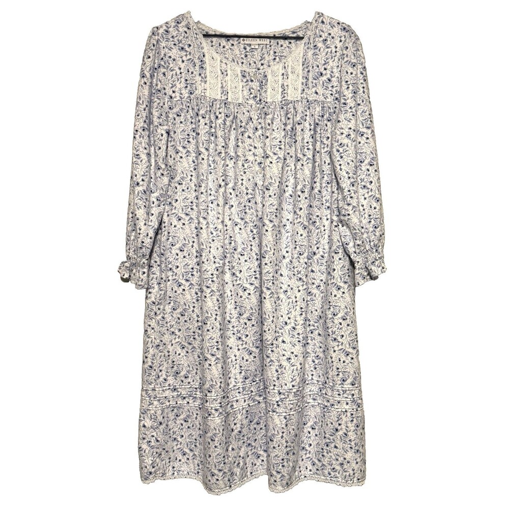 Eileen West Nightgown Small White Blue Floral Cotton Lace Chemise Cozy